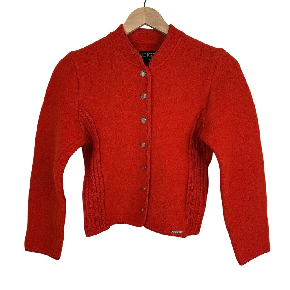 Vtg Geiger Austria Boiled Wool Jacket Size 42 Red Pure New Wool Cropped Cardigan